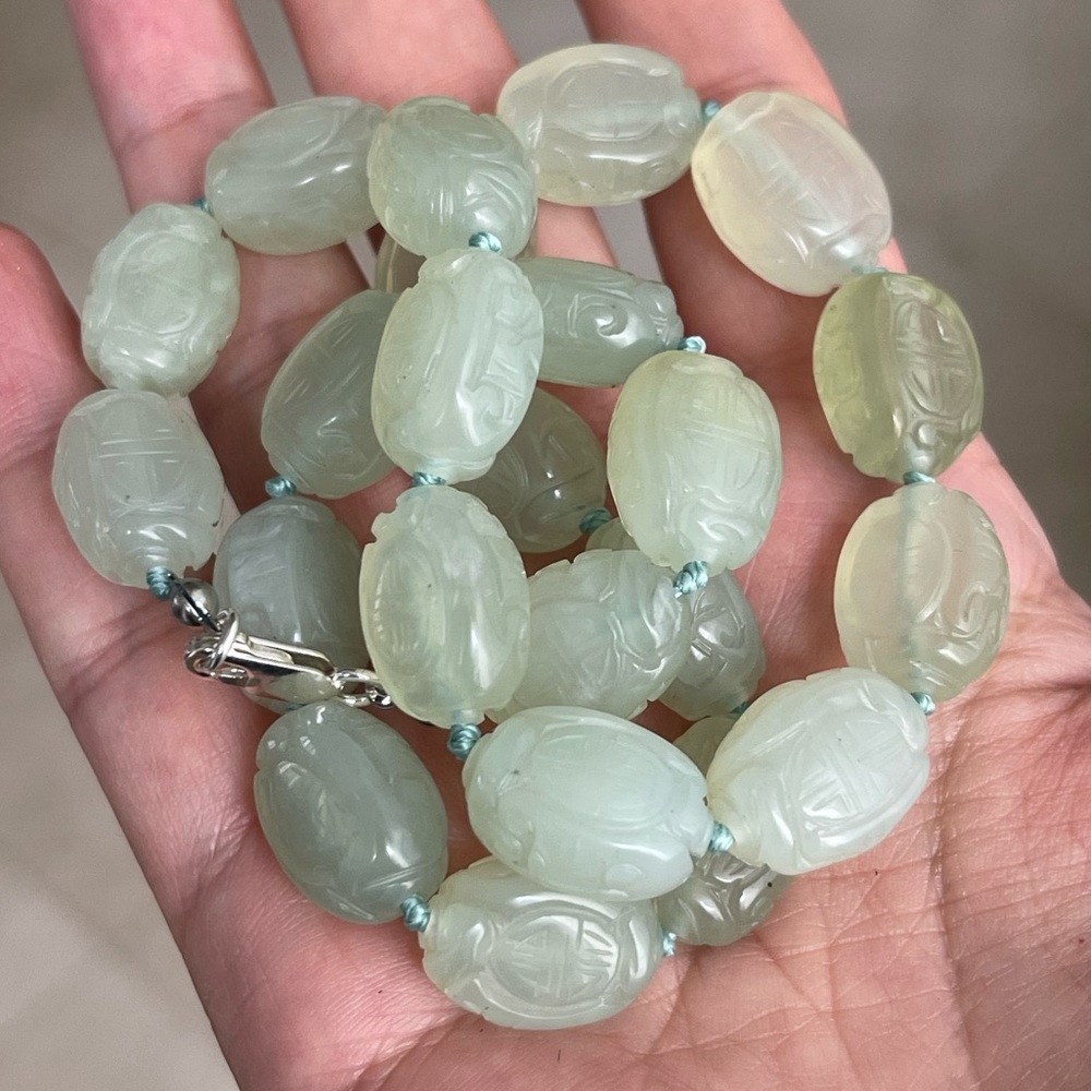 Chinese carved celadon jade bead solid sterling silver necklace